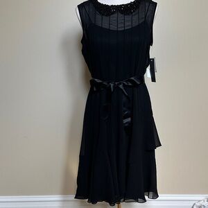 Teri Jon Cocktail/Formal Black Midi Dress with Beaded Neckline and Bow Belt